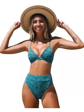 Cupshe Textured Floral V Neck Scalloped High Waist Bikini Set Green Medium NWT
